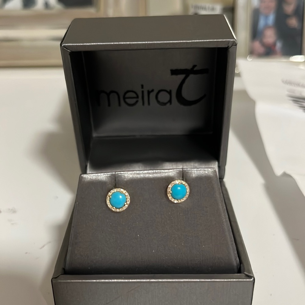 Meira T Yellow Gold Diamond Halo Turquoise Stud Earrings